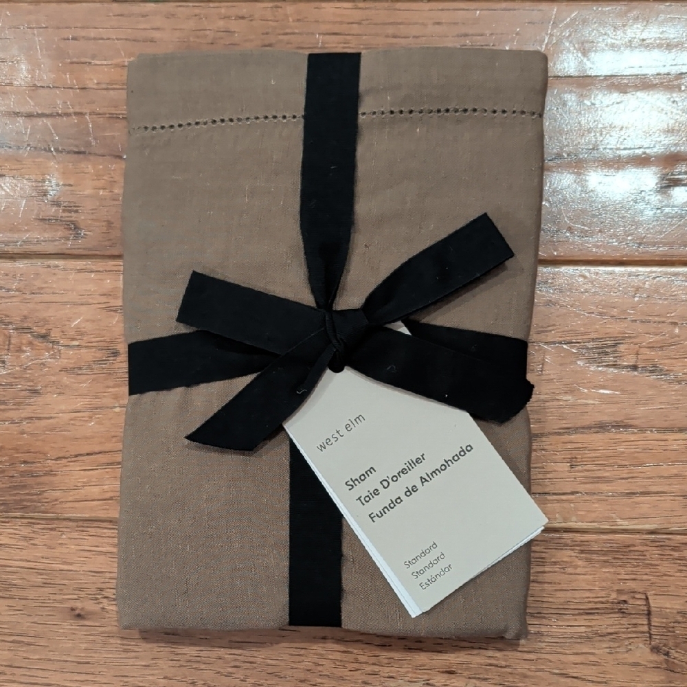 West Elm Tan Pillow Sham with Black Ribbon